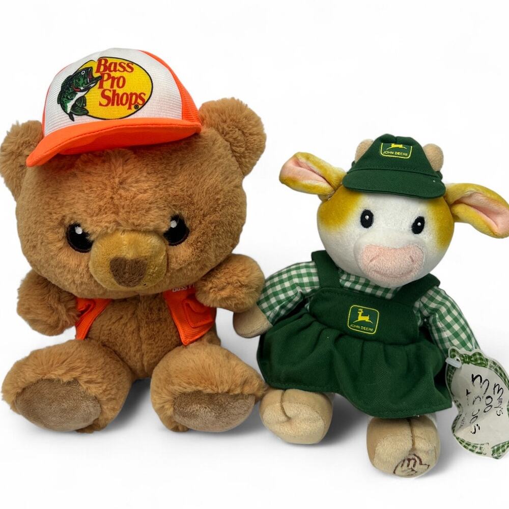 Vintage 1999 Plush Cow John Deere & Bass Pro Shop Set 2 Farm Stuffed Animals Y2K